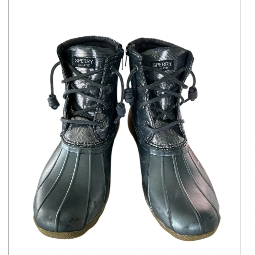 Sperry Saltwater Duck Rain Boot Metallic Gray Blue Size 5 Fisherman Cabincore